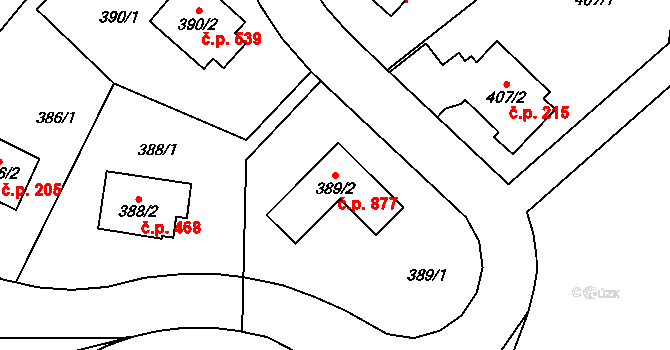 Hlubočepy 877, Praha na parcele st. 389/2 v KÚ Hlubočepy, Katastrální mapa