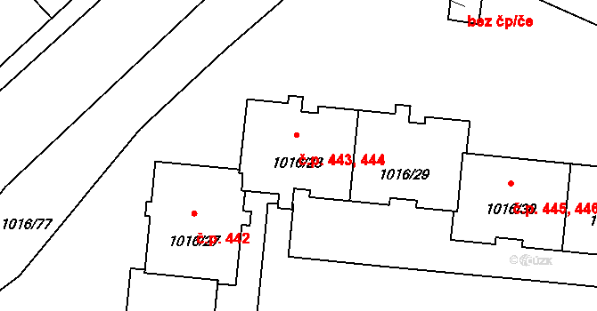 Čimice 443,444, Praha na parcele st. 1016/28 v KÚ Čimice, Katastrální mapa
