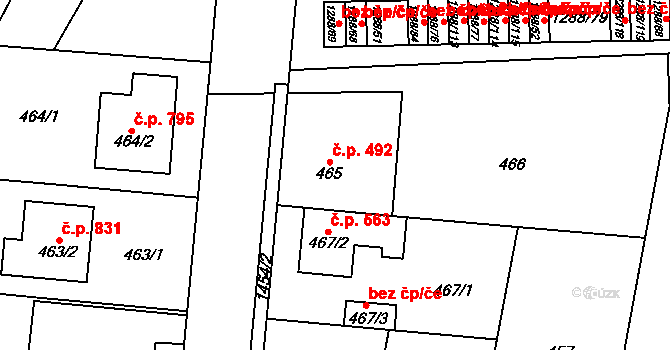 Čakovice 492, Praha na parcele st. 465 v KÚ Čakovice, Katastrální mapa
