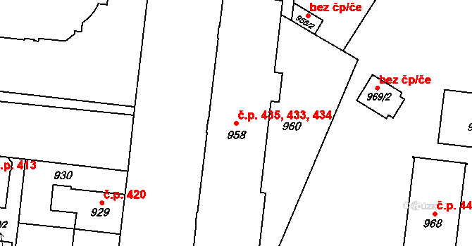České Budějovice 7 433,434,435, České Budějovice na parcele st. 958 v KÚ České Budějovice 7, Katastrální mapa