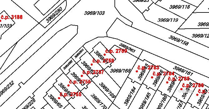 Česká Lípa 2759 na parcele st. 3969/61 v KÚ Česká Lípa, Katastrální mapa