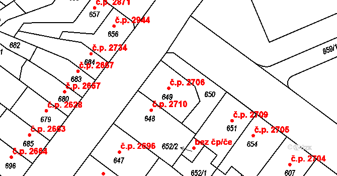Chomutov 2706 na parcele st. 649 v KÚ Chomutov II, Katastrální mapa