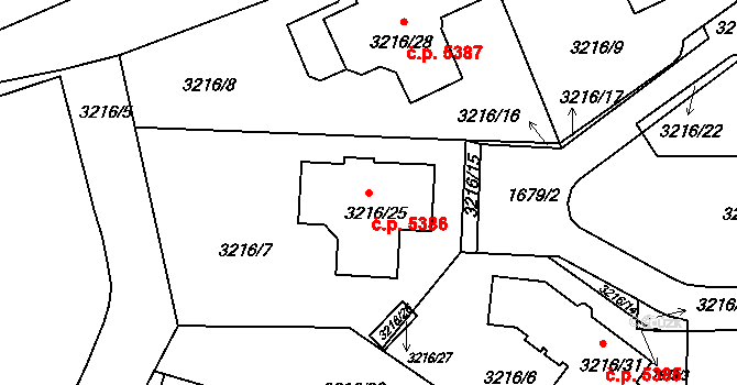 Chomutov 5386 na parcele st. 3216/25 v KÚ Chomutov II, Katastrální mapa