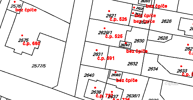 Jirkov 591 na parcele st. 2631 v KÚ Jirkov, Katastrální mapa