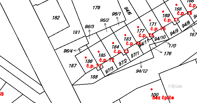 Jílové 72, Hodkovice nad Mohelkou na parcele st. 185 v KÚ Jílové u Hodkovic nad Mohelkou, Katastrální mapa