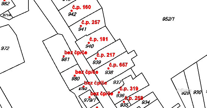 Blučina 217 na parcele st. 939 v KÚ Blučina, Katastrální mapa