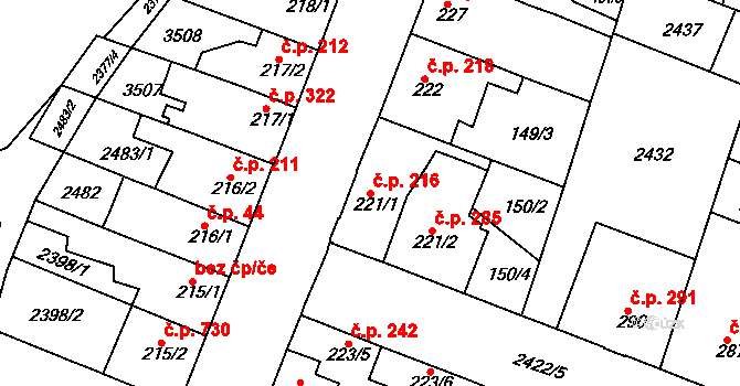 Rosice 216 na parcele st. 221/1 v KÚ Rosice u Brna, Katastrální mapa