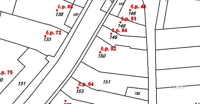 Ochoz u Brna 52 na parcele st. 150 v KÚ Ochoz u Brna, Katastrální mapa
