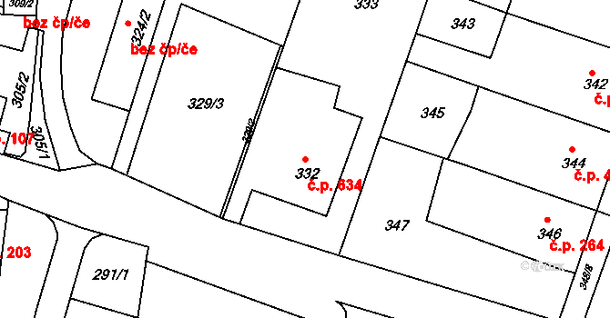 Kuřim 634 na parcele st. 332 v KÚ Kuřim, Katastrální mapa
