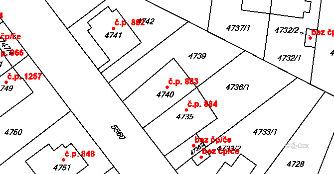 Východní Předměstí 883, Plzeň na parcele st. 4740 v KÚ Plzeň, Katastrální mapa