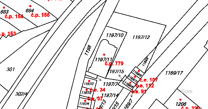 Pozořice 779 na parcele st. 1197/11 v KÚ Pozořice, Katastrální mapa