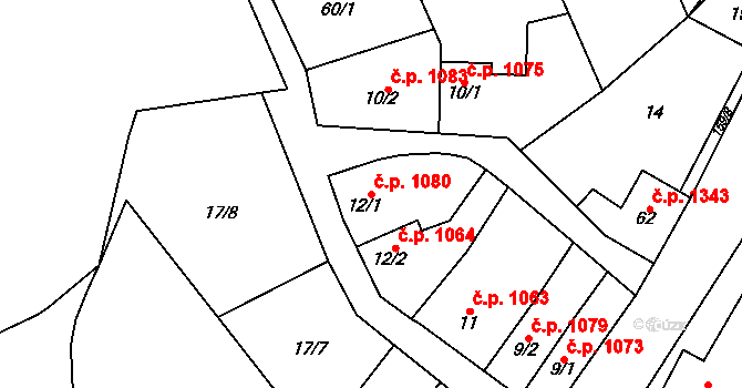 Litovel 1080 na parcele st. 12/1 v KÚ Chořelice, Katastrální mapa