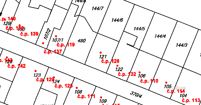Chudonice 126, Nový Bydžov na parcele st. 121 v KÚ Chudonice, Katastrální mapa