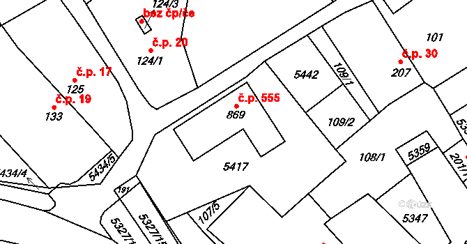 Štítná nad Vláří 555, Štítná nad Vláří-Popov na parcele st. 869 v KÚ Štítná nad Vláří, Katastrální mapa