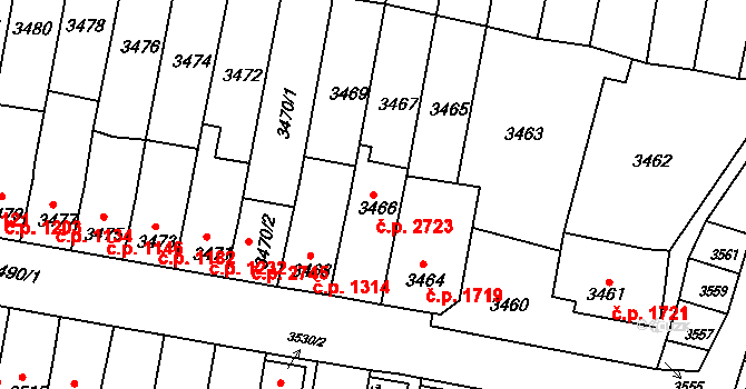 Líšeň 2723, Brno na parcele st. 3466 v KÚ Líšeň, Katastrální mapa