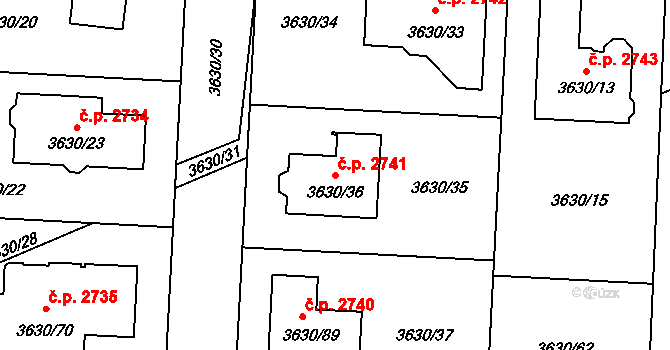 Louny 2741 na parcele st. 3630/36 v KÚ Louny, Katastrální mapa