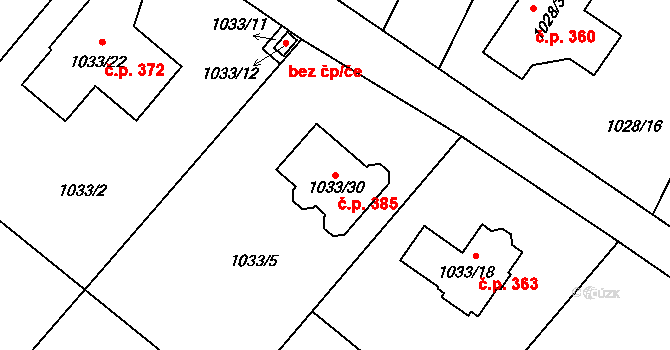 Křelov 385, Křelov-Břuchotín na parcele st. 1033/30 v KÚ Křelov, Katastrální mapa