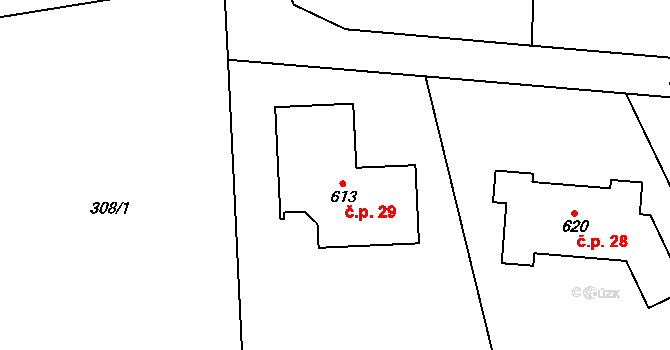Horní Lomnice 29, Kunice na parcele st. 613 v KÚ Dolní Lomnice u Kunic, Katastrální mapa