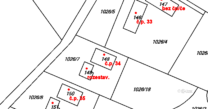 Radošovice 34, Bystřice na parcele st. 148 v KÚ Božkovice, Katastrální mapa