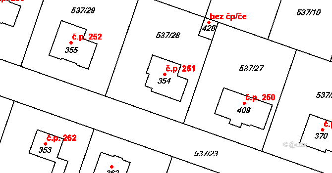 Valeč 251 na parcele st. 354 v KÚ Valeč u Hrotovic, Katastrální mapa