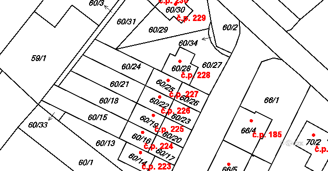 Ostrovačice 227 na parcele st. 60/25 v KÚ Ostrovačice, Katastrální mapa