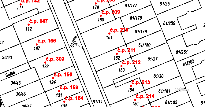 Nupaky 211 na parcele st. 182 v KÚ Nupaky, Katastrální mapa
