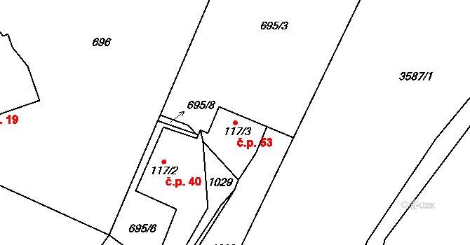 Halouny 53, Svinaře na parcele st. 117/3 v KÚ Svinaře, Katastrální mapa