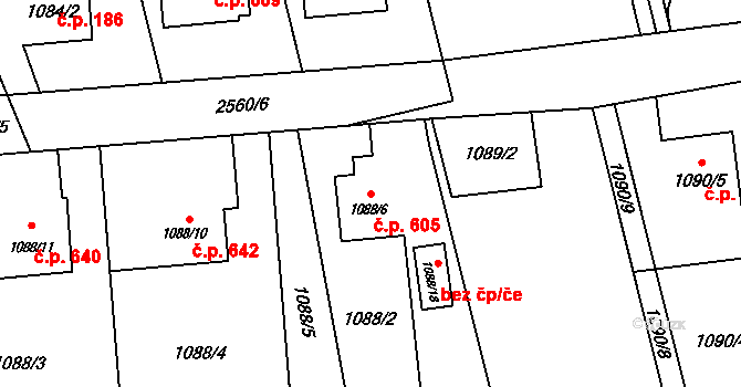 Hrabová 605, Ostrava na parcele st. 1088/6 v KÚ Hrabová, Katastrální mapa