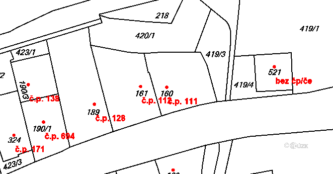 Prštné 111, Zlín na parcele st. 160 v KÚ Prštné, Katastrální mapa