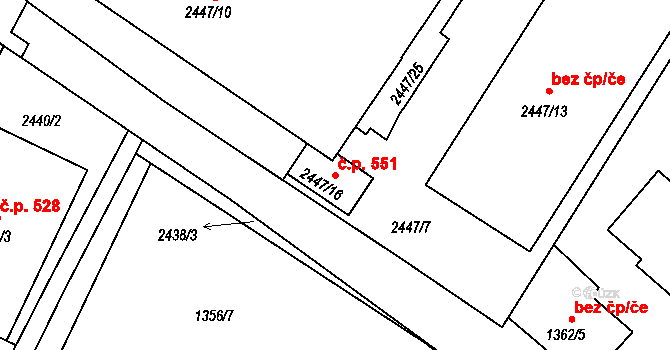 Dačice V 551, Dačice na parcele st. 2447/16 v KÚ Dačice, Katastrální mapa