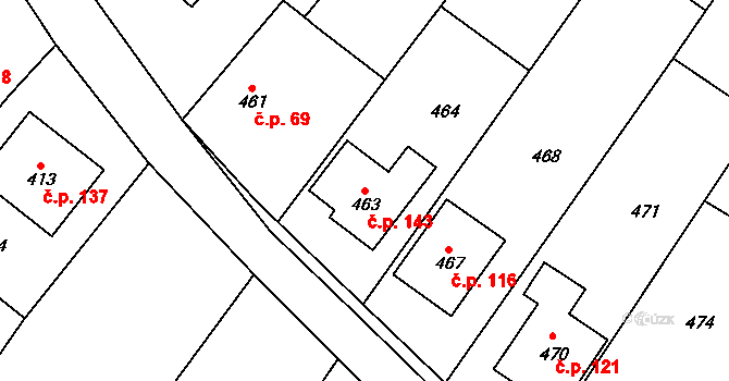 Velíková 143, Zlín na parcele st. 463 v KÚ Velíková, Katastrální mapa
