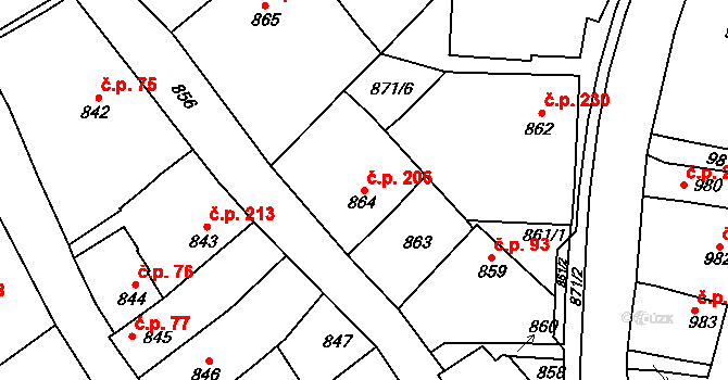 Tupesy 206 na parcele st. 864 v KÚ Tupesy na Moravě, Katastrální mapa