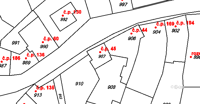 Pustiměřské Prusy 45, Pustiměř na parcele st. 907 v KÚ Pustiměř, Katastrální mapa