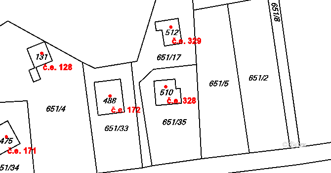 Kytín 328 na parcele st. 510 v KÚ Kytín, Katastrální mapa