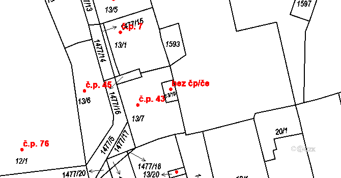 Obora 77950941 na parcele st. 13/19 v KÚ Obora u Loun, Katastrální mapa