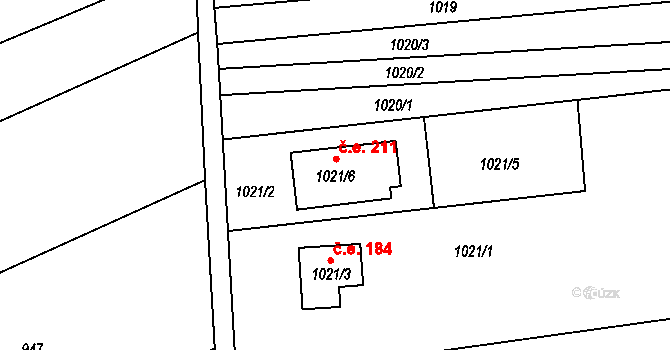 Rajhrad 211 na parcele st. 1021/6 v KÚ Rajhrad, Katastrální mapa