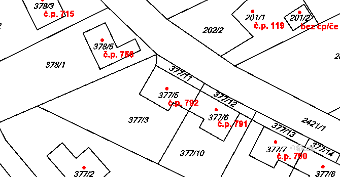 Lipence 792, Praha na parcele st. 377/5 v KÚ Lipence, Katastrální mapa