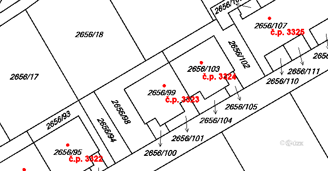 Teplice 3323 na parcele st. 2656/99 v KÚ Teplice, Katastrální mapa