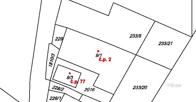 Hrudkov 2, Vyšší Brod na parcele st. 9/1 v KÚ Hrudkov, Katastrální mapa