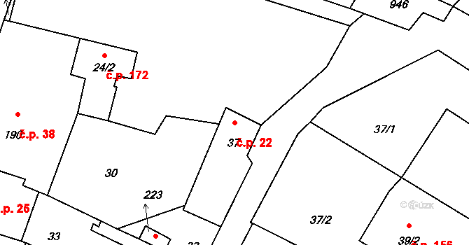 Lužany 22 na parcele st. 37 v KÚ Lužany u Přeštic, Katastrální mapa
