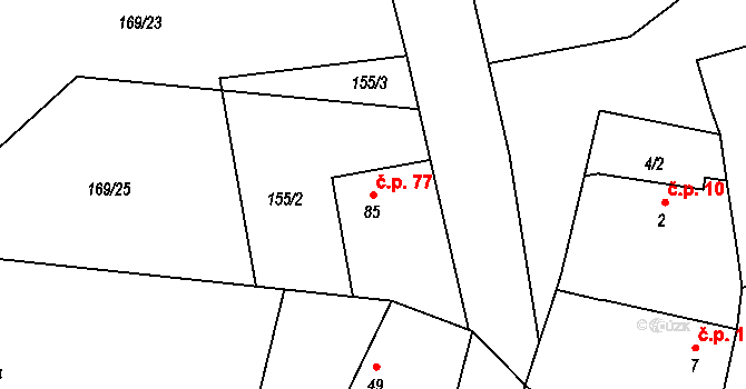 Přešťovice 77 na parcele st. 85 v KÚ Přešťovice, Katastrální mapa