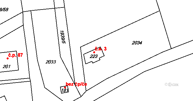 Horušany 3, Soběkury na parcele st. 223 v KÚ Horušany, Katastrální mapa