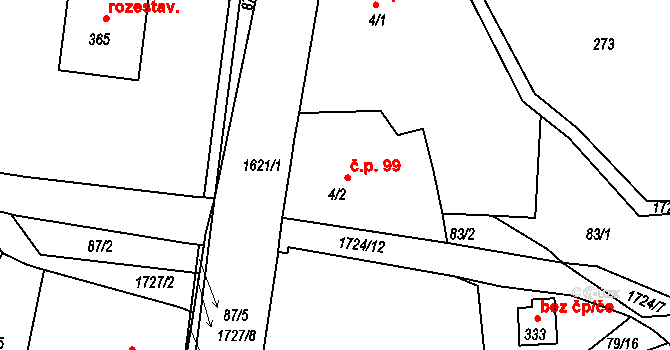 Ohnišov 99 na parcele st. 4/2 v KÚ Ohnišov, Katastrální mapa