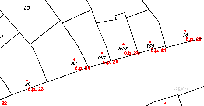 Chvalnov 25, Chvalnov-Lísky na parcele st. 34/1 v KÚ Chvalnov, Katastrální mapa