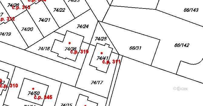 Stará Pohůrka 311, Srubec na parcele st. 74/41 v KÚ Srubec, Katastrální mapa