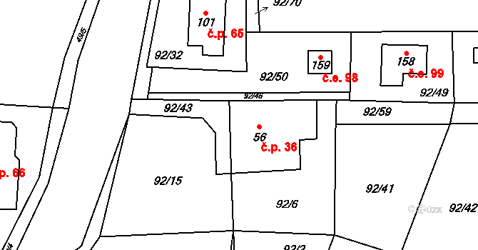 Zborná 36, Jihlava na parcele st. 56 v KÚ Zborná, Katastrální mapa