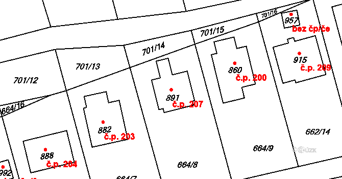 Olšany 207, Brandýsek na parcele st. 891 v KÚ Brandýsek, Katastrální mapa