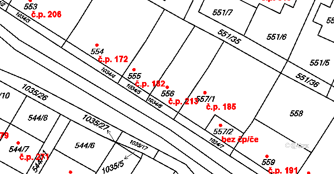 Tetčice 213 na parcele st. 556 v KÚ Tetčice, Katastrální mapa