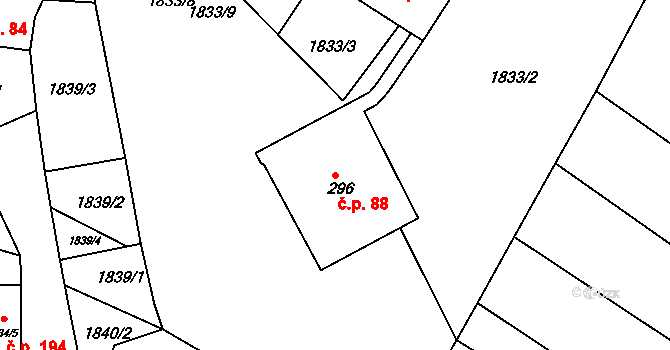 Ježov 88 na parcele st. 296 v KÚ Ježov, Katastrální mapa
