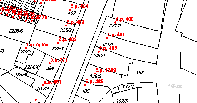 Kyjov 483 na parcele st. 320/1 v KÚ Kyjov, Katastrální mapa